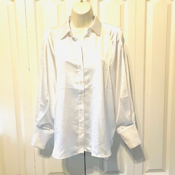 Ellen Tracy Women's X Small White Flowy Sleeves-Collar-Shine-Button Up Long Sl. - Picture 1 of 16